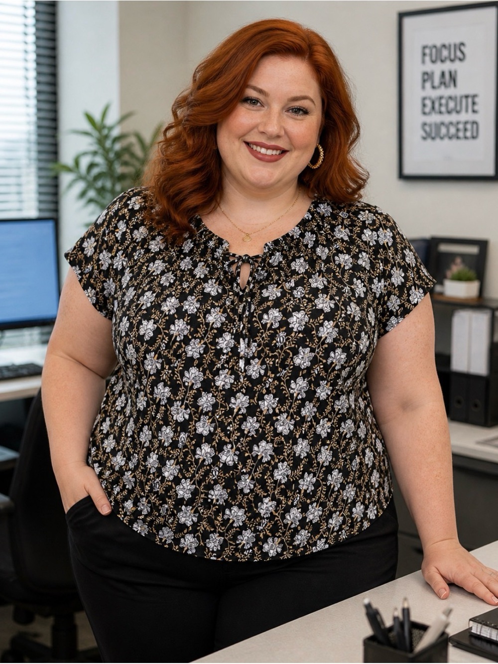 Lane Bryant Dressy Black Floral Tie-Front Lightweight Airy Office Blouse
